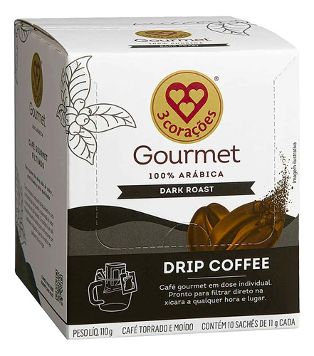 10 Sachês 10g Café Drip Coffee Tres Corações Dark Gourmet