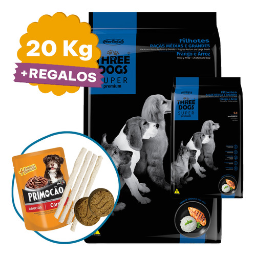 Alimento Perro Cachorro Three Dogs 17 Kg + Regalo + Envío