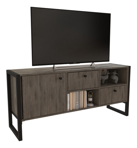 Rack Industrial Mueble Bajo Tv Hierro C/ Melamina Con Hierro Roble Denver Grafito No