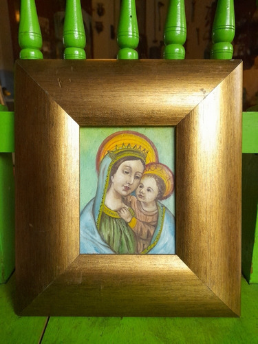 Vintage Pequeña Pintura Óleo Virgen Y Niño Jesús Arte Sacro
