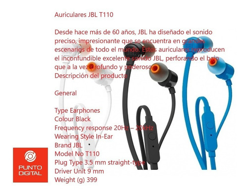 Auriculares Originales Jbl T110 Pure Bass Sound C/ Microfono Garantia Oficial
