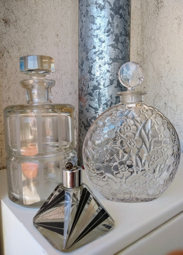 Antiguo Perfumero Cristal Checoslovaco Deco Esmalte Y Plata