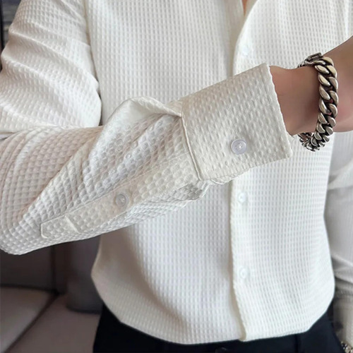 Camisa Casual Corte Entallado De Gofre Liso Para Hombre