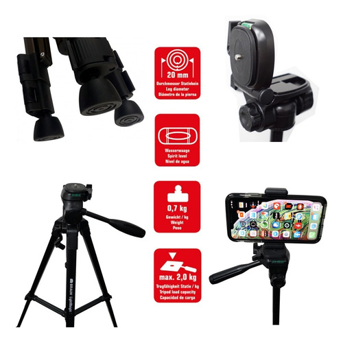 Imagen 3 de 6 de Tripode Braun Lightweight Blt 200 Para Camara Aluminio 1.45m 2kg Plegable Con Funda Y Adaptador Soporte Celular Lelab