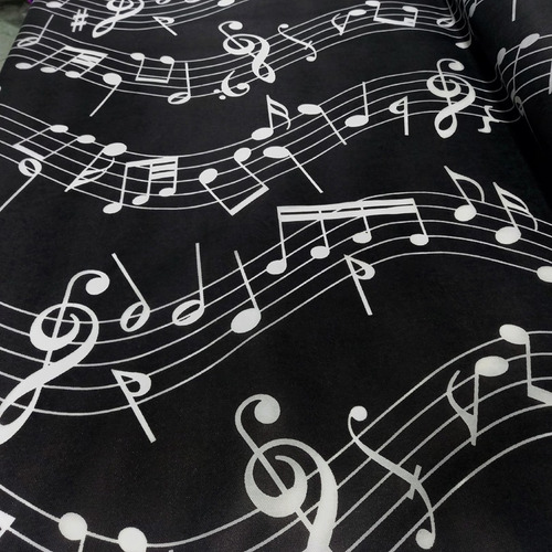 Tnt Estampado Notas Musicais Branco Fundo Preto 1,00m X 1,40