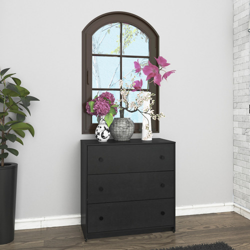 Cómoda - Modena, Mueble Armable Para Ropa De 3 Cajones Negro Liso