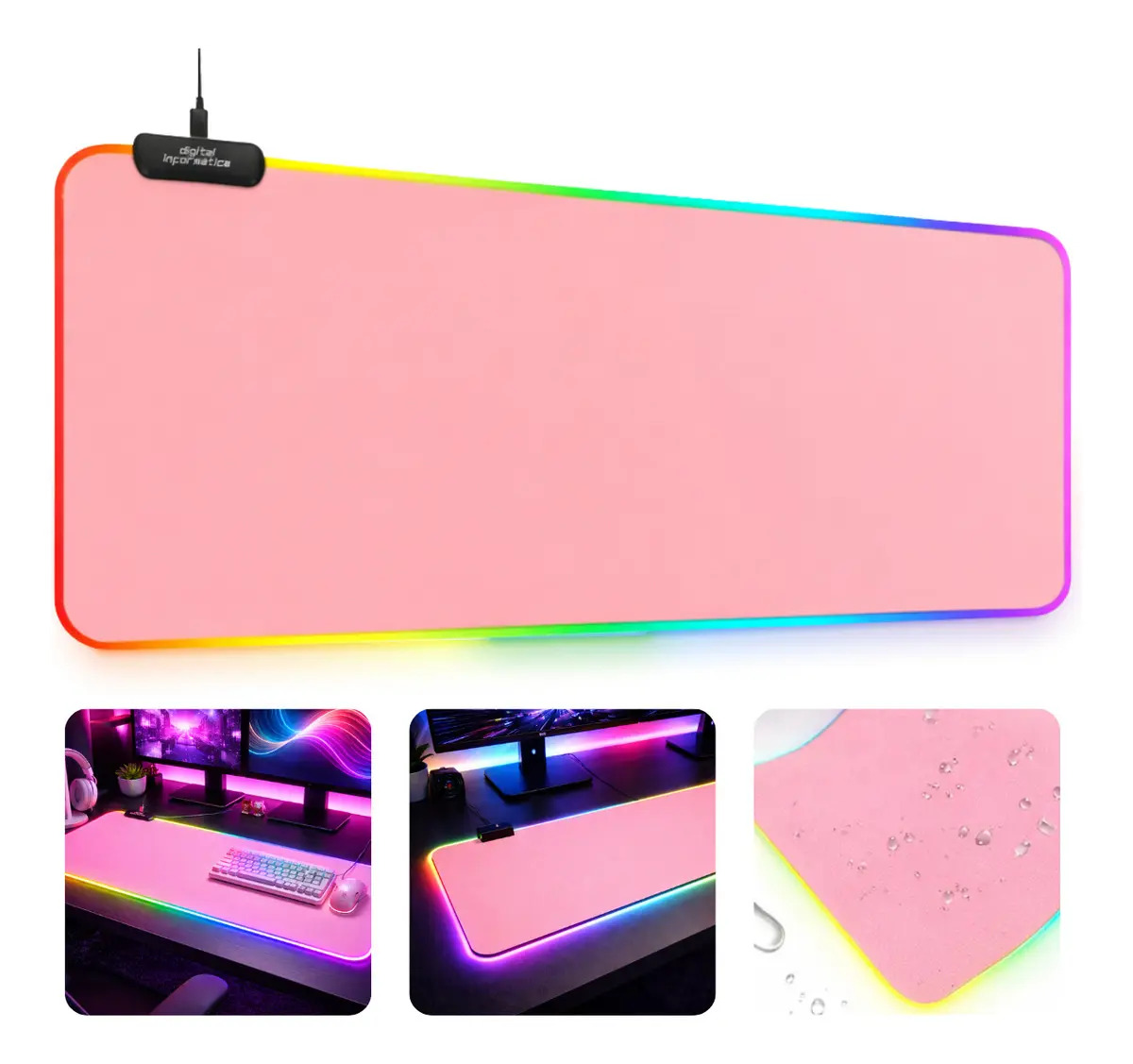 Mouse Pad Gamer Led Rgb 80x30cm Extra Grande 11 Modos Iluminação Led Profissional Speed Cor Rosa Digital Informática