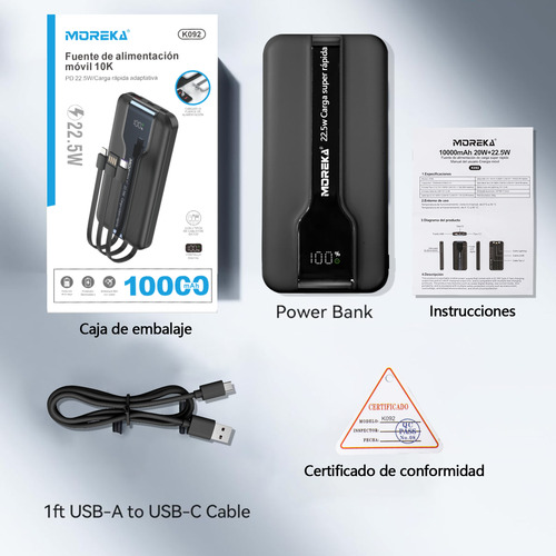 Power Bank 10000mah 22.5w Pd Carga Rápida Usb-c Lightning Negro