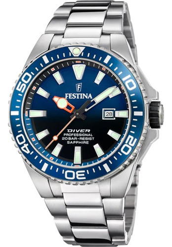 Reloj Festina F20663.1 Para Hombre Analogico Cuarzo Color De La Malla Plateado Color Del Bisel Azul Color Del Fondo Azul