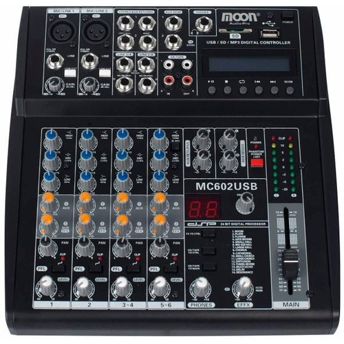 Consola Mixer Moon Mc602 6 Canales Usb Sd 16 Efectos Display