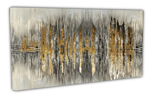 Cuadro Lienzo Canvas 80x150cm Abstracta Lineas Oro C/marco