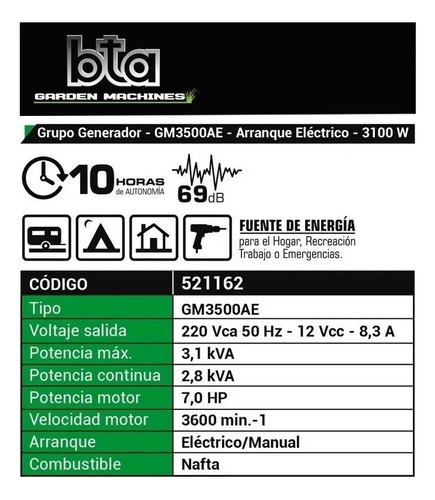 Grupo Electrógeno Bta Gm3500ae Arranque Electrico 3100w 7hp