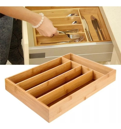 Imagen 3 de 10 de Cubiertero Organizador Bambu 5 Divisiones Cubertero 35x25cm