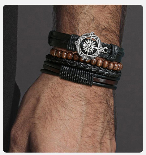 Kit Pulseiras Masculinas Couro + Colar Flecha
