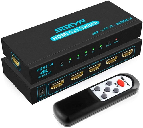 Sgeyr Chave Comutadora Hdmi 5 Em 1 C/controle Remoto Cor Preto