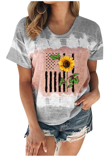 T Shirts Dama Sunflower America Flag Tops Summer July