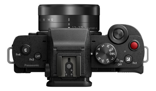 Câmera sem espelho preta Panasonic G Vario, sensor CMOS, gravação de vídeo, flash embutido. Ideal para fotografia e vídeo.