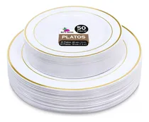 Comprar Platos Desechables Elegantes Plástico, Vajilla Fiesta, 50 Pz, Aspecto de Porcelana, Ideal para Bodas, Fiestas, Resistente y Duradero (25 platos de 19 cm\u002F25 platos de 26 cm)