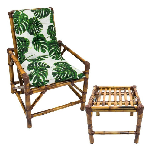 Jogo C/ 1 Cadeiras Poltrona Bambu + Mesa Centro Imperdível Cor Conj 1 Cadeiras + Mesa C/almofadas Branco Com Folhas Verd
