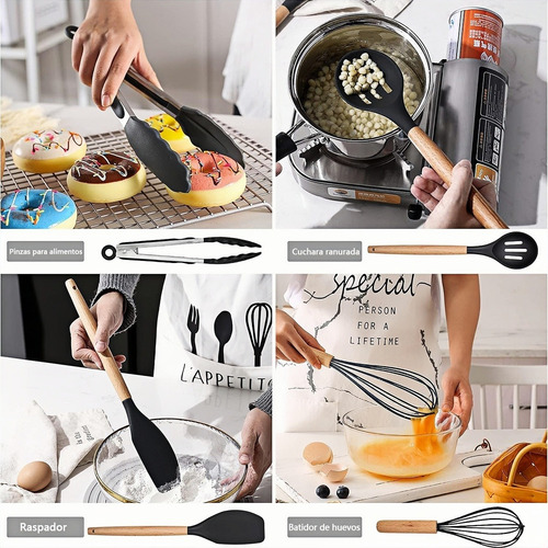 Set Cocina De Silicona De 12 Piezas Con Espátula De Madera Rojo