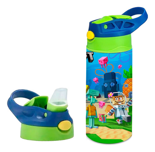 Termo Infantil Minecraft Bob Esponja 355ml Vaso Niño #1 Verde Con Azul Tap