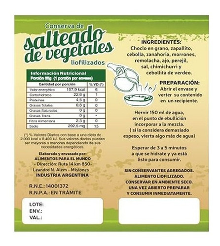 Imagen 2 de 5 de Comida Liofilizada Montaña Mi Menu Salteado De Vegetales