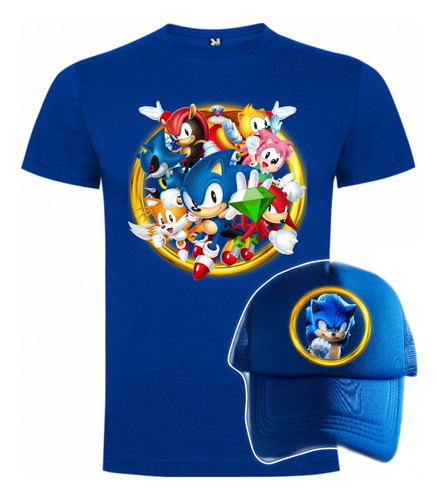 Polera Sonic Niños Algodón Mas Gorra Tipo Jockey Premium 