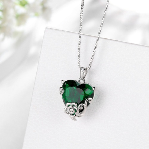 Collar Corazón Para Mujer 925 Plata Corazón Dije Y Circón Color Verde-mayo