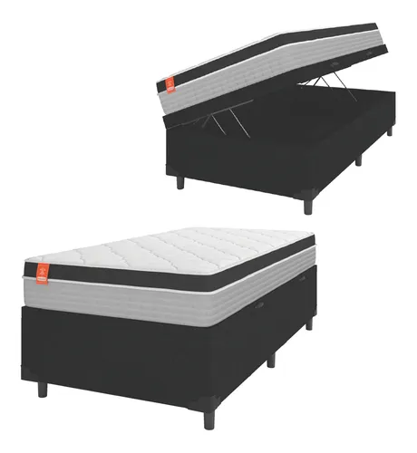 Cama Box Baú Colchão Molas Ensacadas Real 88cm Preto Cinza