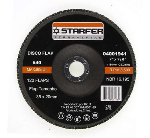 05 Disco De Lixa Flap 7'' X 7/8'' Grão 40 - Starfer