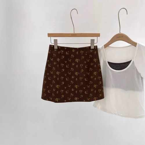 Minifalda En Forma De A De Pana Con Estampado Floral, Otoño/