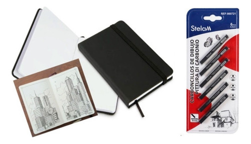 Cuaderno De Dibujo Croquera Arte + 6 Piezas De Carboncillo 