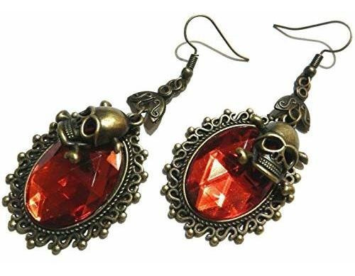 Pirate Queen Bronce Y Rojo Pendientes Calavera Y Tibias Cruz