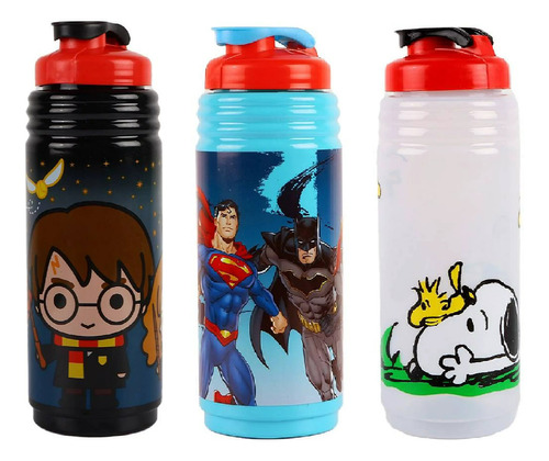 3 Botellas D Agua Personajes Surtidos Con Tapa Deportiva Gym