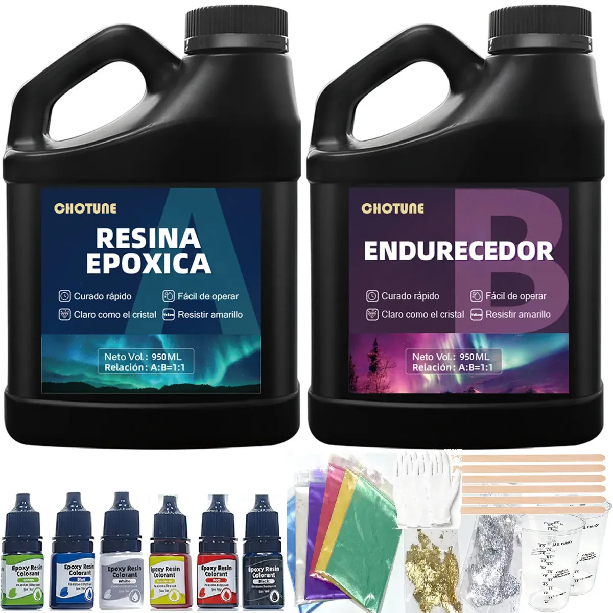 Kit de Resina Epóxica Chotune para Joyería y Manualidades, Transparente de 1.9 L con Pigmentos y Moldes