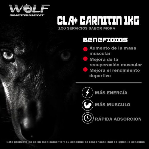 Cla + Carnitina Wolf Suplements 1kg Pre Entreno 100servicios Moras
