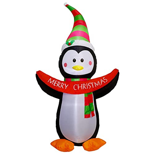 Inflable Navideño De 7 Pies Pingüino Sosteniendo Un C...