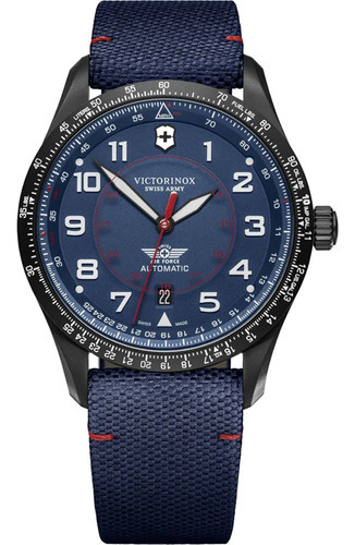 Reloj automático Airboss Swiss Army de Victorinox para hombre, correa, color azul oscuro, color de bisel, color de fondo negro, color de fondo azul oscuro