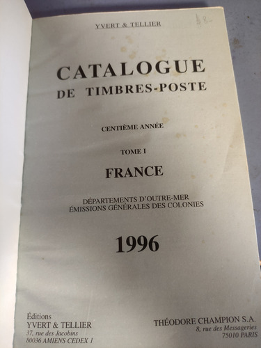 Catalogo Filatélico Yvert Et Tellier Timbres De France 1996 (Usado)
