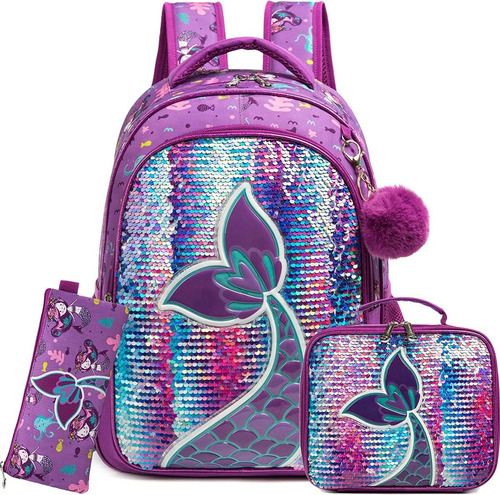 Mochila Lonchera Escolar Lentejuelas Set Cola Sirena Morado 