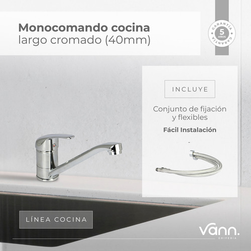 Griferia Canilla Larga Cromada Monocomando Cocina Vann Motor
