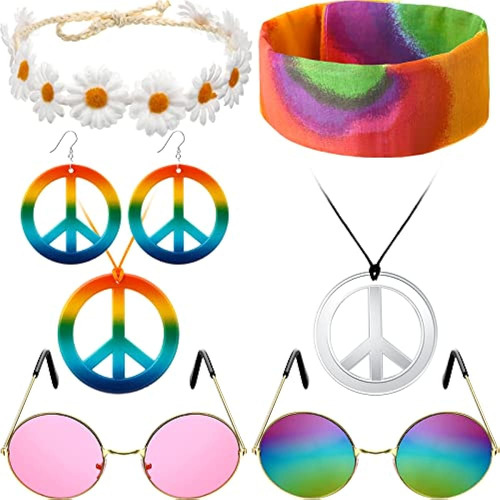 7 Piezas 60s 70s Hippie Accesorios De Disfraces Para Mujeres