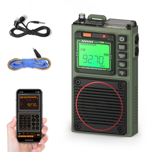 Raddy Radio De Onda Corta Con Control De Aplicación Rf75a, Receptor Portátil Am/fm/vhf/sw/wb Con Bluetooth, Radio De Bolsillo Recargable Con Antena De Cable De 9.85 Pies