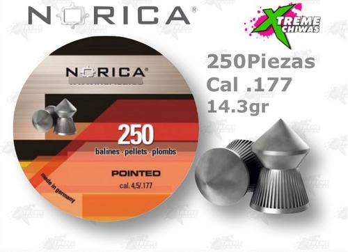 250 Pellets Norica Pointed 14.3gr Cal. 177 Balines Xtreme C