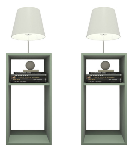 Kit 2 Mesas De Cabeceira Minimalistas 2 Nichos 100% Mdf Bp Acabamento Fosco Cor Verde jade