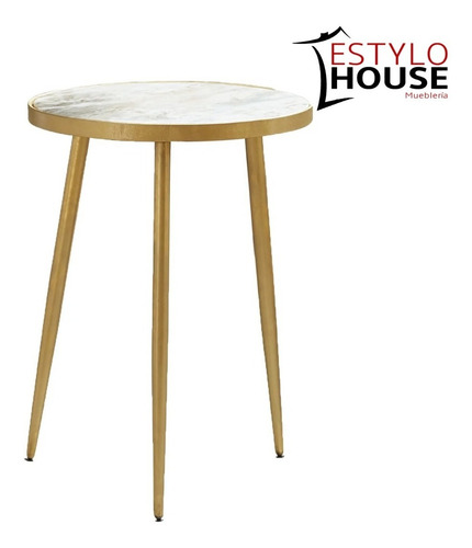 Imagen 7 de 7 de Mesa Auxiliar Minimalista Dorada, Tapa Sensación De Mármol