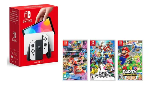 Nintendo Oled Blanco+mario Kart8, Smash Bros, Mario Party