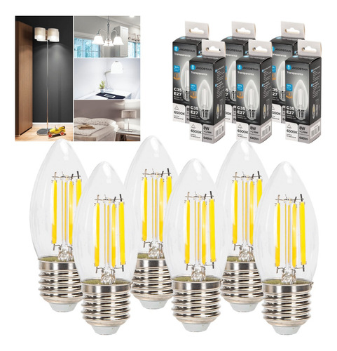 Pack 6 Uds Aigostar Foco Fialamento Led C35 E27 8w 6500k