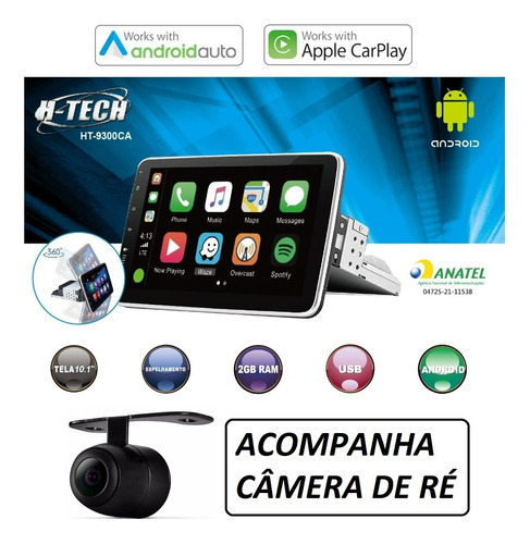 Central Multimidia H-tech Tela 10.1 C/câmera 1din Android 12