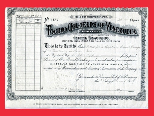 Titulo De 25 Acciones Tocuyo Oilfields Of Venezuela Año 1929